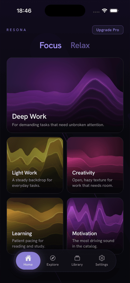 Resona home screen showing the Deep Work, Light Work, Creativity, Learning, and Motivation soundscapes